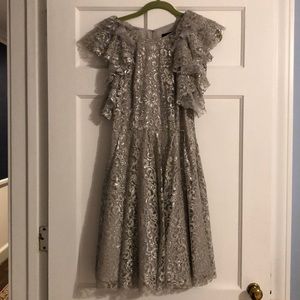Sz 8 BCBGMaxAzria silver lace fit & Flare dress.